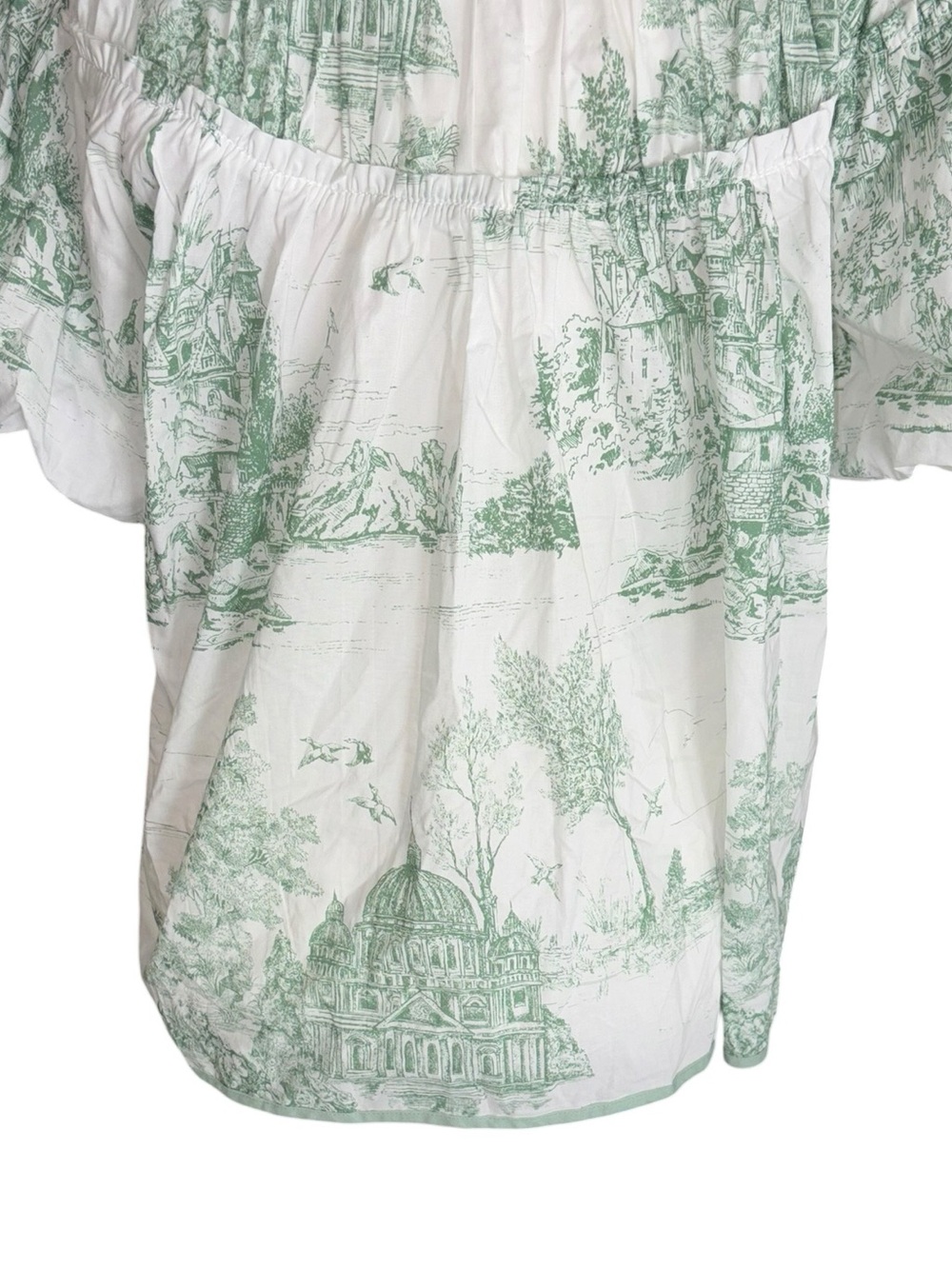LN Umgee Green White Toile Print Puff Sleeve Poplin Blouse in Sea Green - S - Picture 9 of 13
